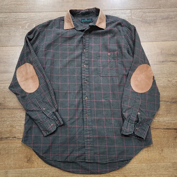 Vtg Abercrombie and Fitch men's long sleeve flannel plaid shirt lrg elbow patch - Picture 2 of 12